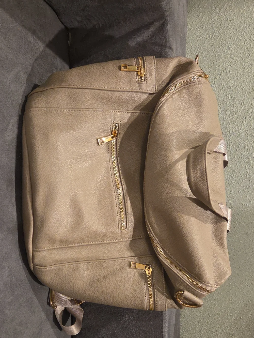 Beige-grey Leather Diaper Bag with Gold Hardware
